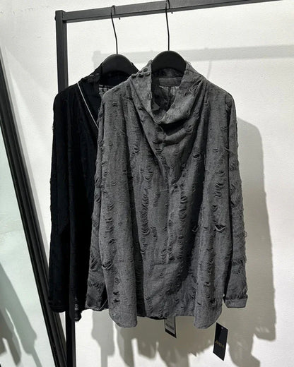 Chic Distressed High Neck Sweatshirt -  cozy sweatshirt - Chic High Neck Sweatshirt with Distressed Details