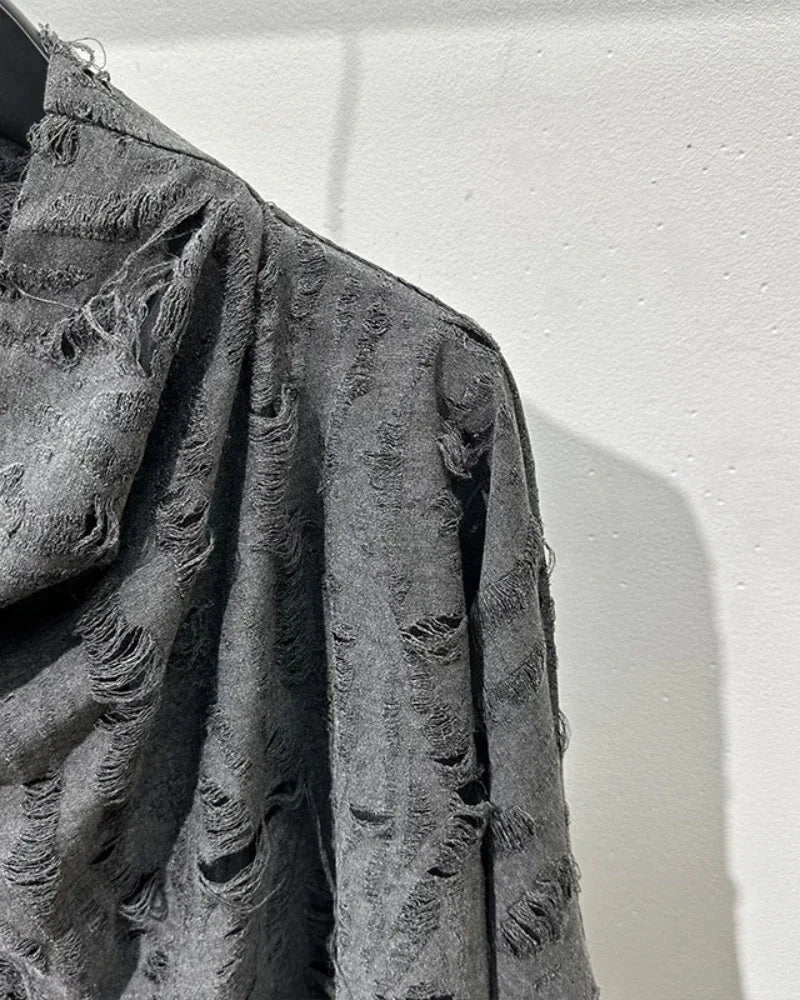 Chic Distressed High Neck Sweatshirt - stylish high neck sweatshirt - Chic High Neck Sweatshirt with Distressed Details
