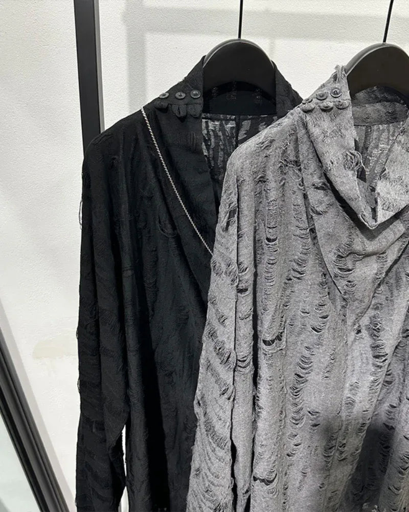 Chic Distressed High Neck Sweatshirt -  techwear fashion - Chic High Neck Sweatshirt with Distressed Details