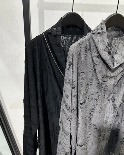Chic Distressed High Neck Sweatshirt -  techwear fashion - Chic High Neck Sweatshirt with Distressed Details