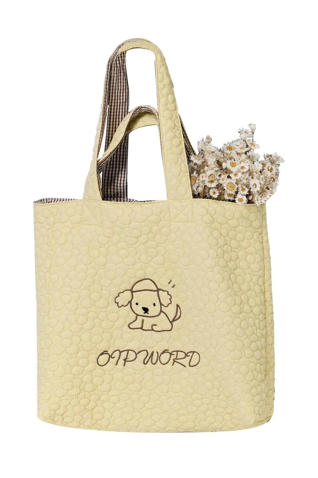 Chic Double-Sided Quilted Tote -  puppy embroidered tote - Reversible Quilted Tote Bag for Stylish Storage