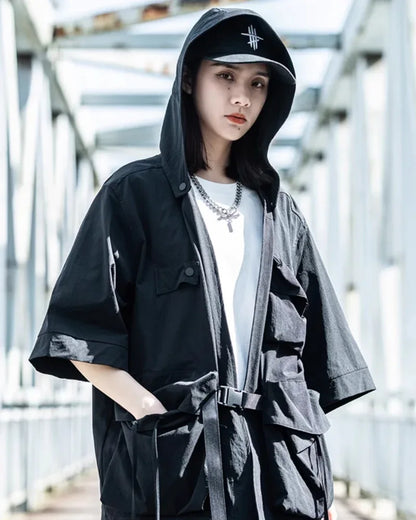 Chic Hooded Kimono Cover-up -  black jacket - Chic Hooded Kimono Cover-up for Everyday Use