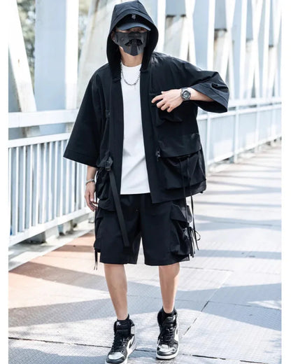 Chic Hooded Kimono Cover-up -  techwear jacket - Chic Hooded Kimono Cover-up for Everyday Use