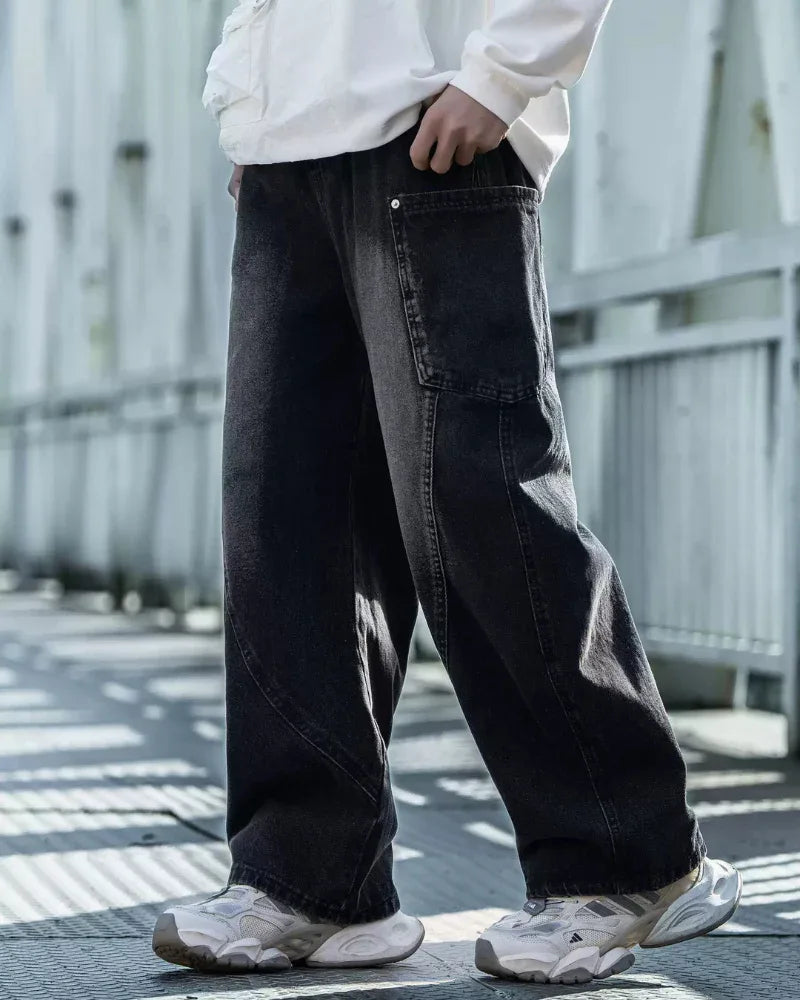 Chic Paneled Straight Leg Jeans -  adjustable waistband jeans - Stylish Straight Leg Jeans with Cargo Pockets