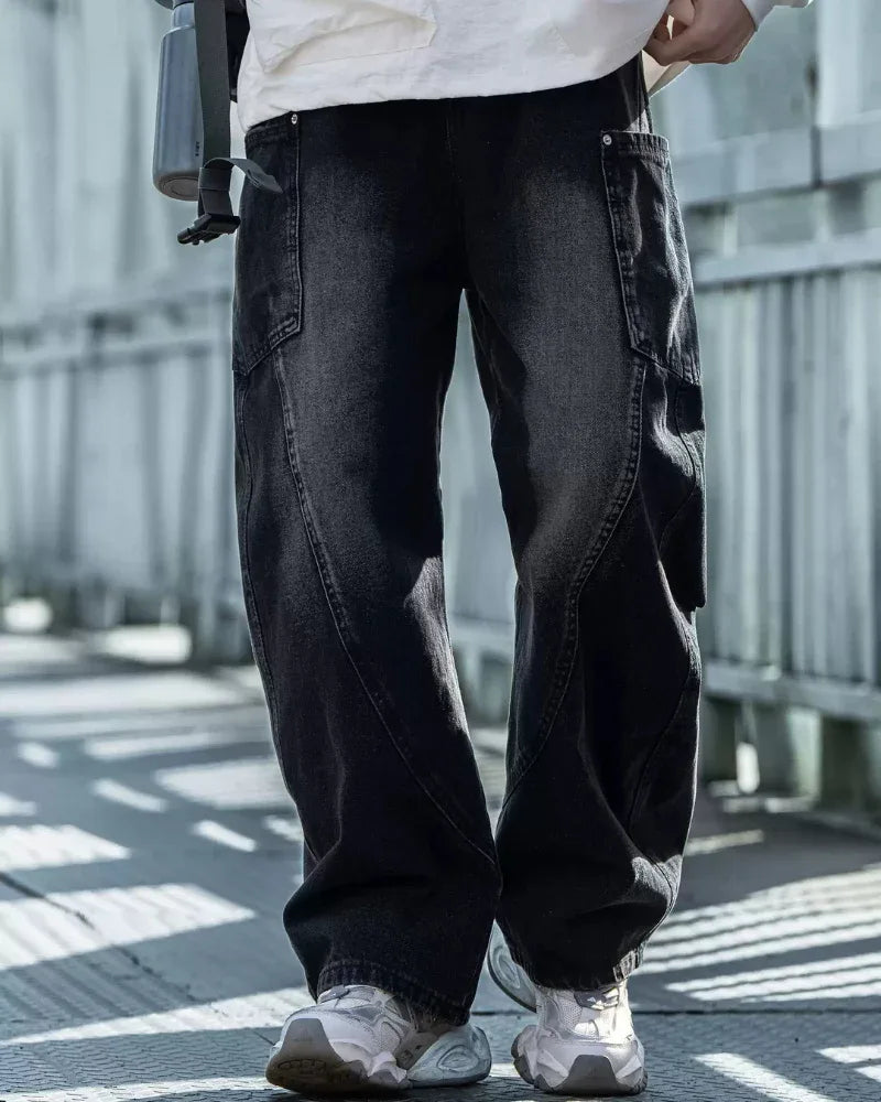Chic Paneled Straight Leg Jeans - relaxed fit denim - Stylish Straight Leg Jeans with Cargo Pockets