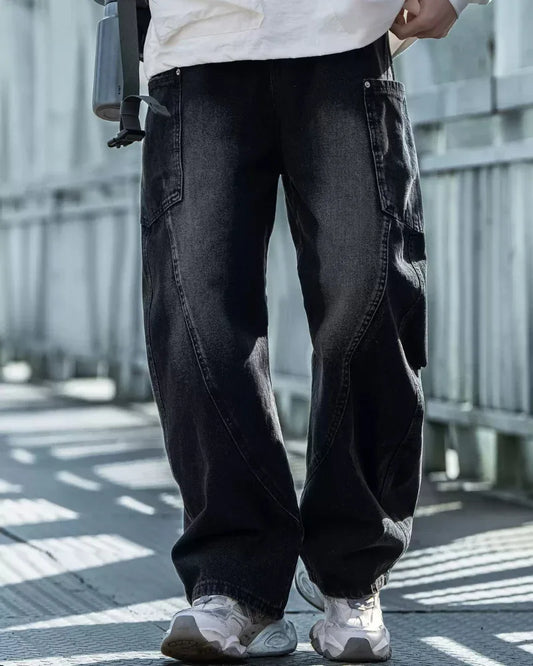 Chic Paneled Straight Leg Jeans - relaxed fit denim - Stylish Straight Leg Jeans with Cargo Pockets