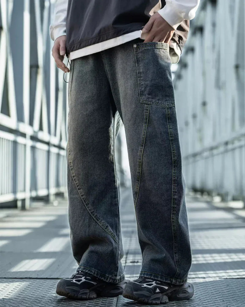 Chic Paneled Straight Leg Jeans - straight leg jeans - Stylish Straight Leg Jeans with Cargo Pockets