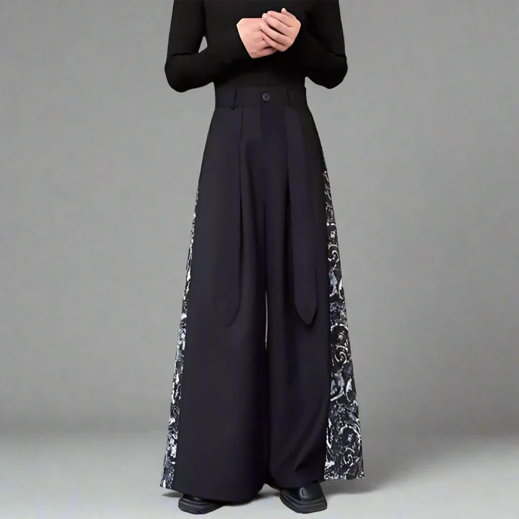 Chic Paneled Wide-Leg Trousers -  comfortable pants - Chic Wide-Leg Hakama Pants for Modern Style