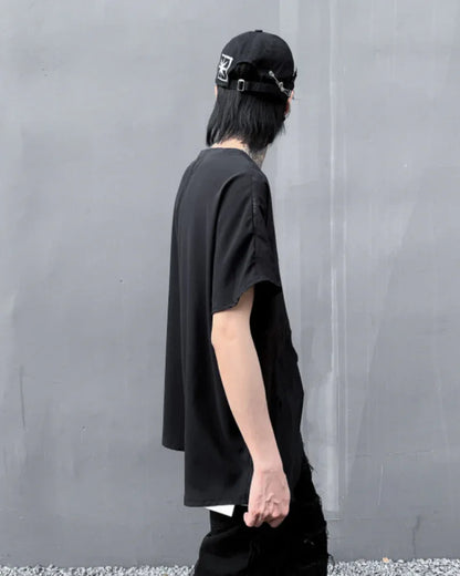 Chic Patchwork Hem T-Shirt -  black t-shirt - Chic Patchwork Hem Techwear T-Shirt
