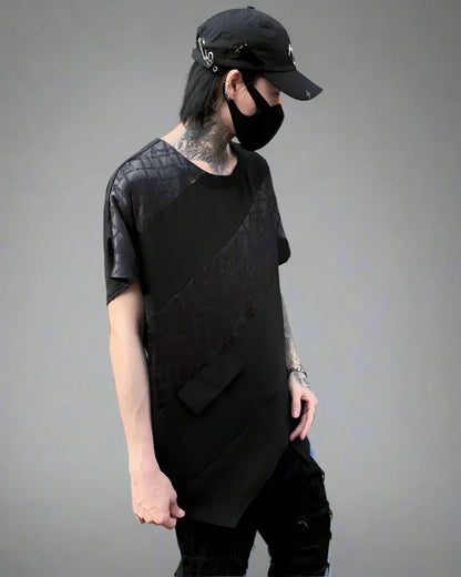 Chic Patchwork Hem Top -  black shirt - Chic Patchwork Hem Techwear T-Shirt