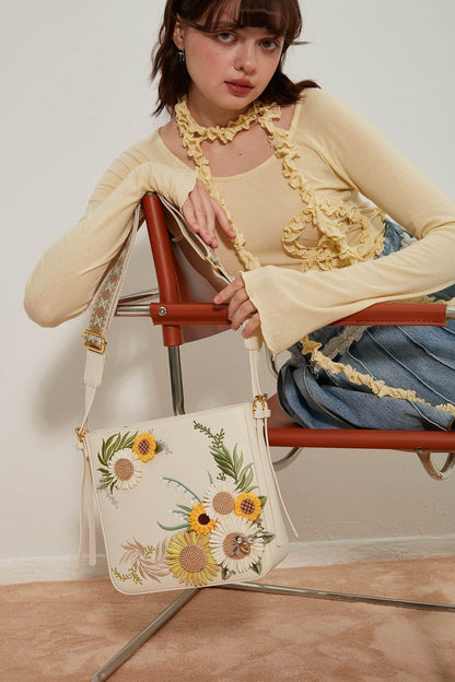 Chic Sunflower Embroidered Bag -  adjustable shoulder strap - Chic Sunflower Embroidered Crossbody Bag