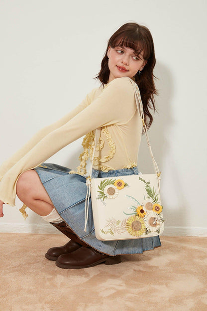 Chic Sunflower Embroidered Bag - bohemian-inspired bag - Chic Sunflower Embroidered Crossbody Bag