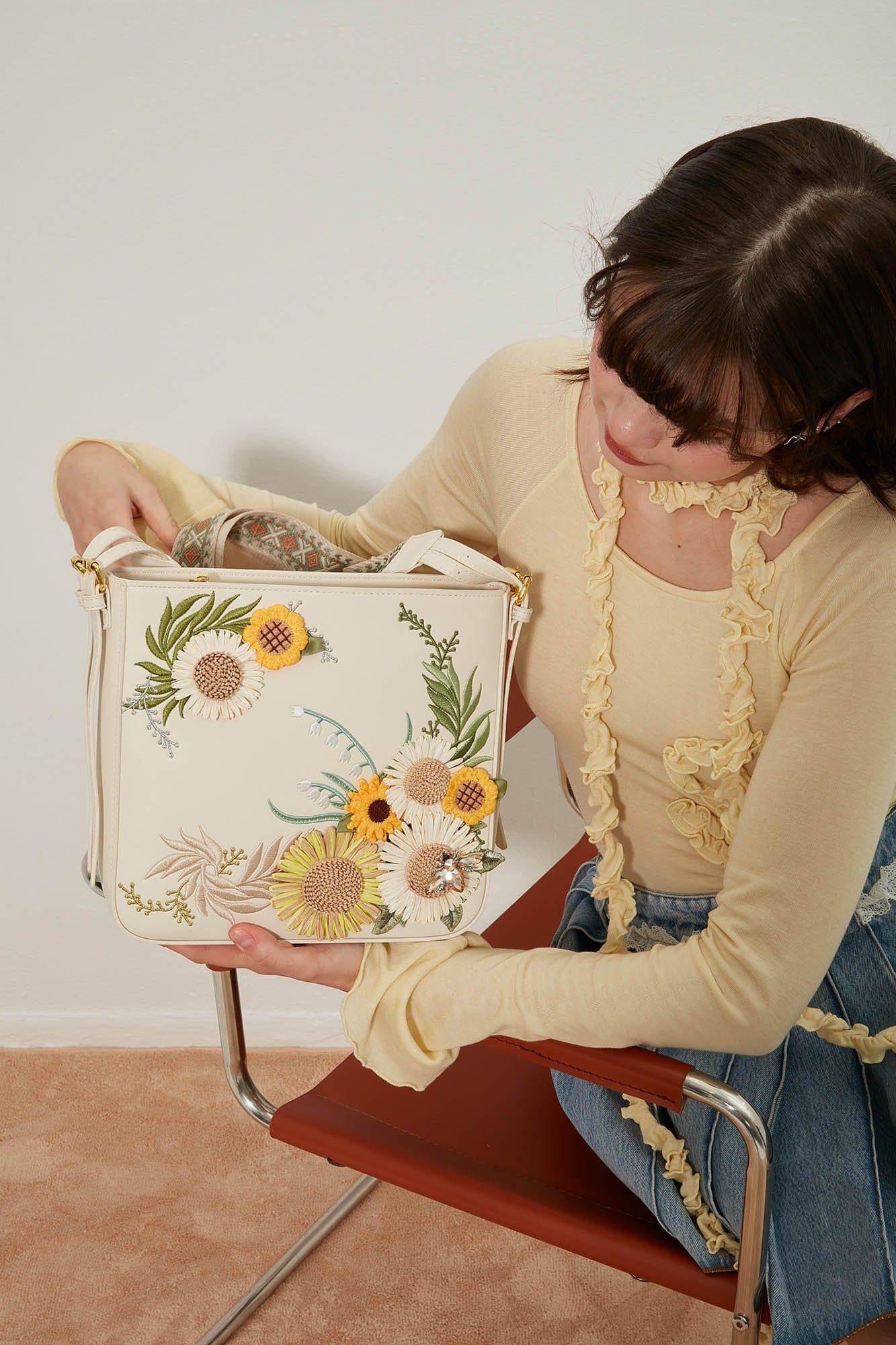 Chic Sunflower Embroidered Bag -  convertible bag - Chic Sunflower Embroidered Crossbody Bag