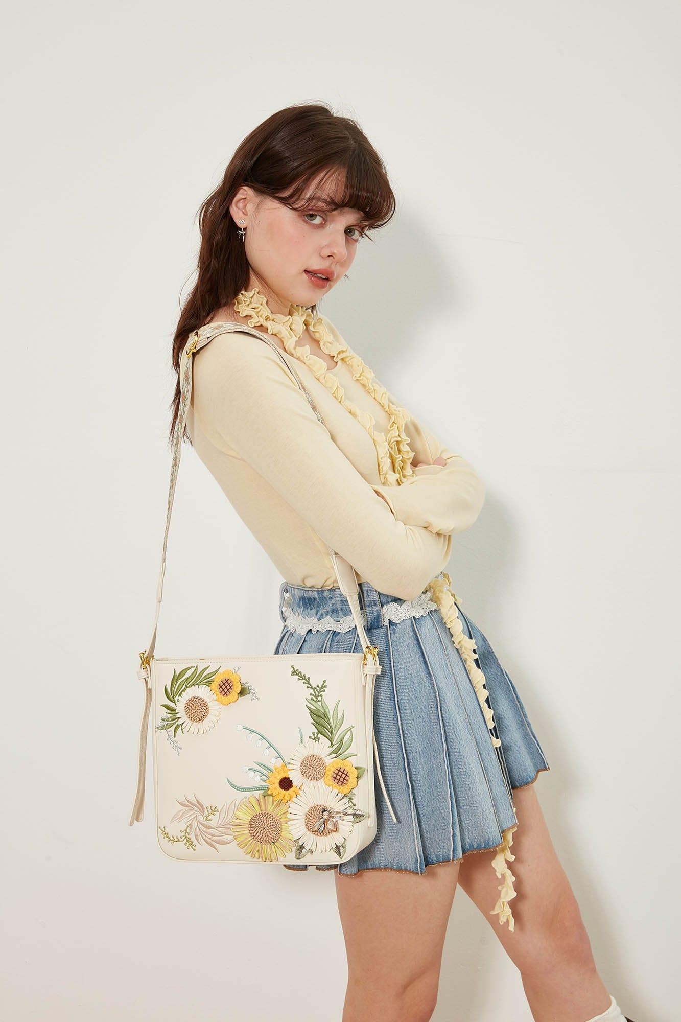 Chic Sunflower Embroidered Bag -  floral design - Chic Sunflower Embroidered Crossbody Bag