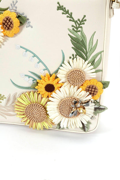 Chic Sunflower Embroidered Bag -  synthetic leather - Chic Sunflower Embroidered Crossbody Bag