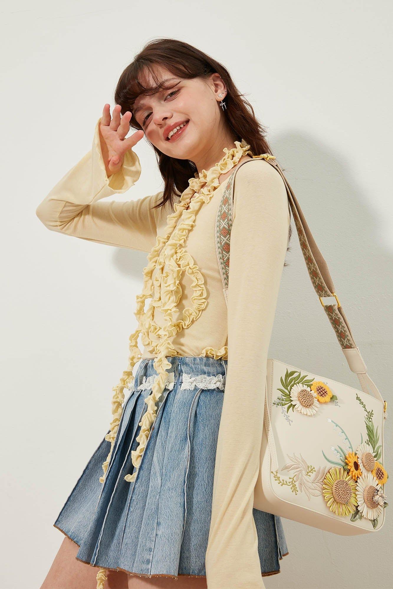 Chic Sunflower Embroidered Bag -  synthetic leather - Chic Sunflower Embroidered Crossbody Bag
