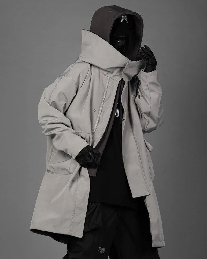 Chic Utility Layered Overcoat - futuristic long coat - Utility Layered Overcoat for Urban Adventures
