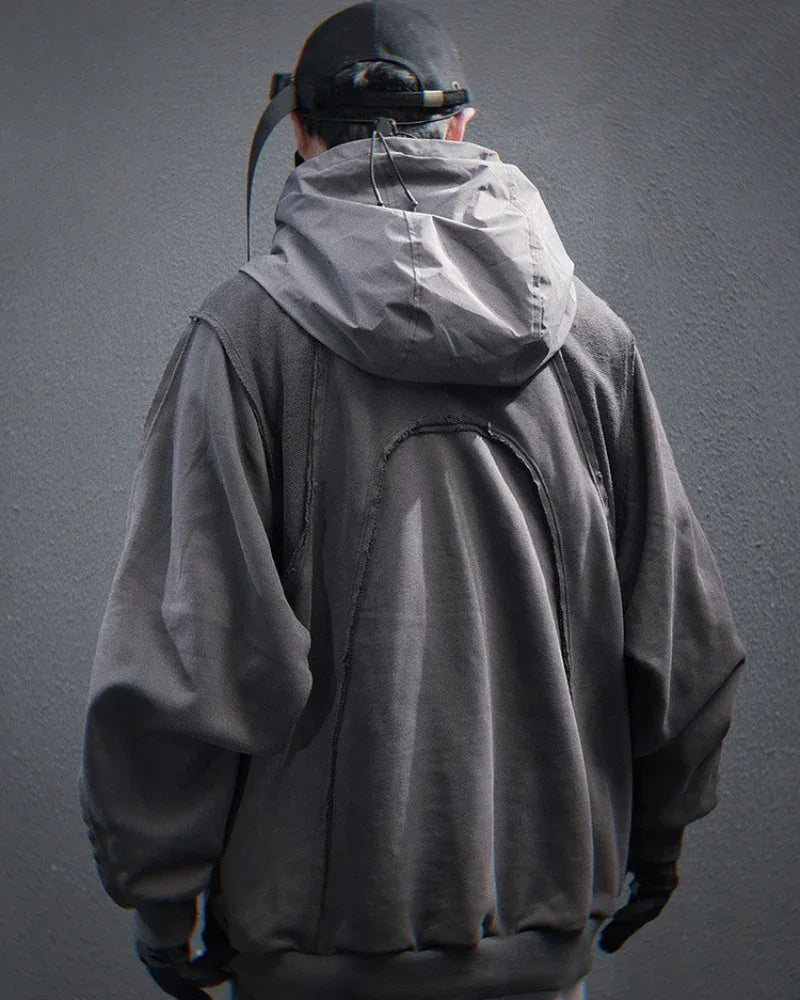 Chic Washed Patchwork Hoodie -  comfortable - Chic Washed Patchwork Cape Hoodie