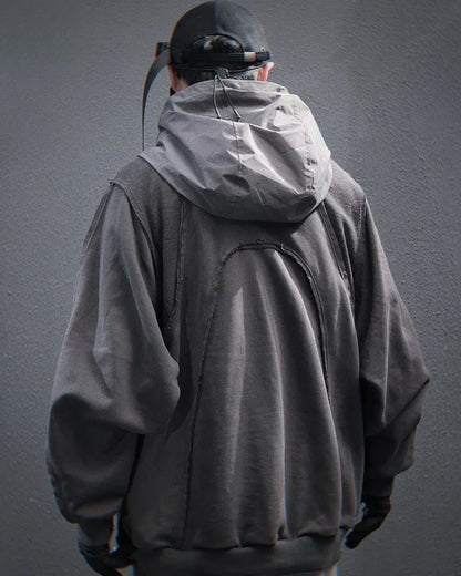 Chic Washed Patchwork Hoodie -  comfortable - Chic Washed Patchwork Cape Hoodie