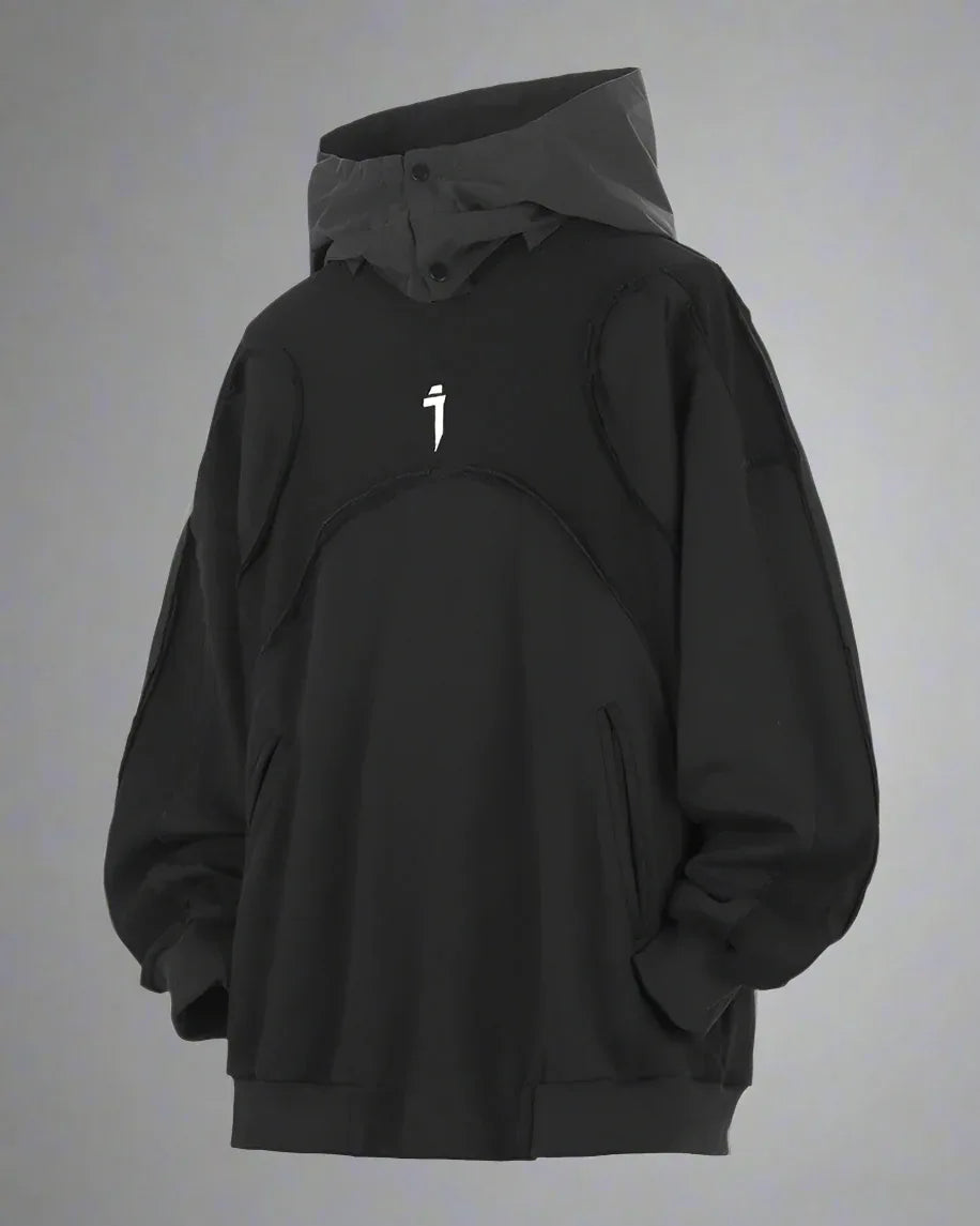 Chic Washed Patchwork Hoodie -  techwear - Chic Washed Patchwork Cape Hoodie