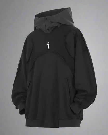 Chic Washed Patchwork Hoodie -  techwear - Chic Washed Patchwork Cape Hoodie