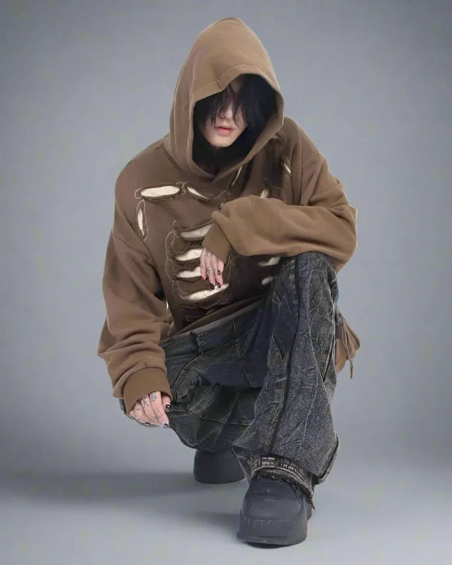 Cool Skeleton Cutout Hoodie -  festival hoodie - Stylish Hollow Out Skeleton Hoodie for Unique Looks