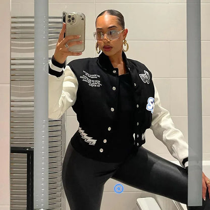 Cropped varsity jacket - comfortable blend fabric - Trendy Cropped Varsity Jacket for Stylish Outfits