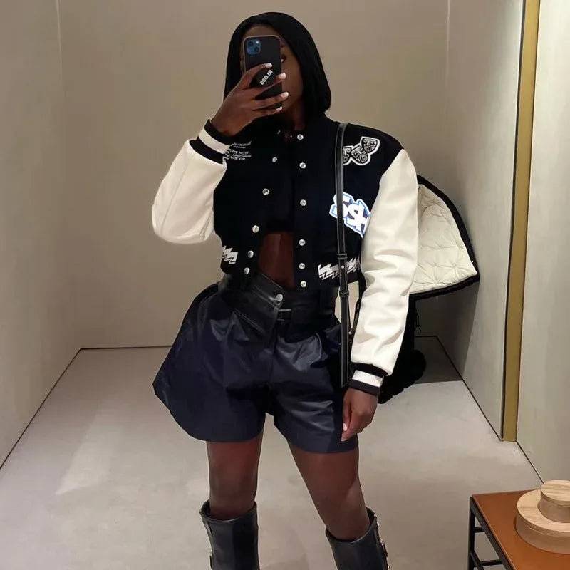Cropped varsity jacket - y2k-core - Trendy Cropped Varsity Jacket for Stylish Outfits