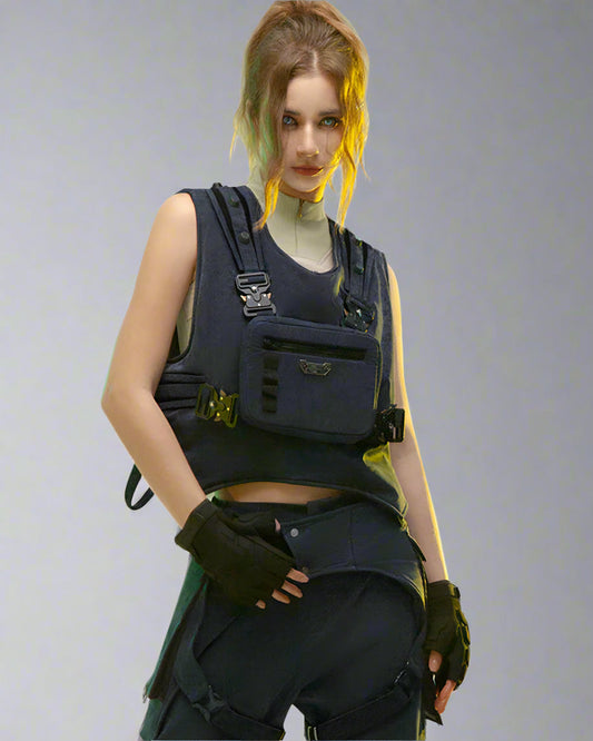 Dual-Sided Futuristic Cargo Vest - cargo vest - Dual-Sided Cargo Vest in Dark Blue for All Day Comfort