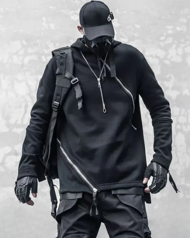 Dynamic Double Zip Hoodie -  asymmetrical cut hoodie - Futuristic Double Zip Hoodie for Urban Wear
