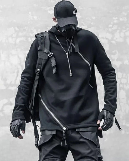 Dynamic Double Zip Hoodie -  asymmetrical cut hoodie - Futuristic Double Zip Hoodie for Urban Wear