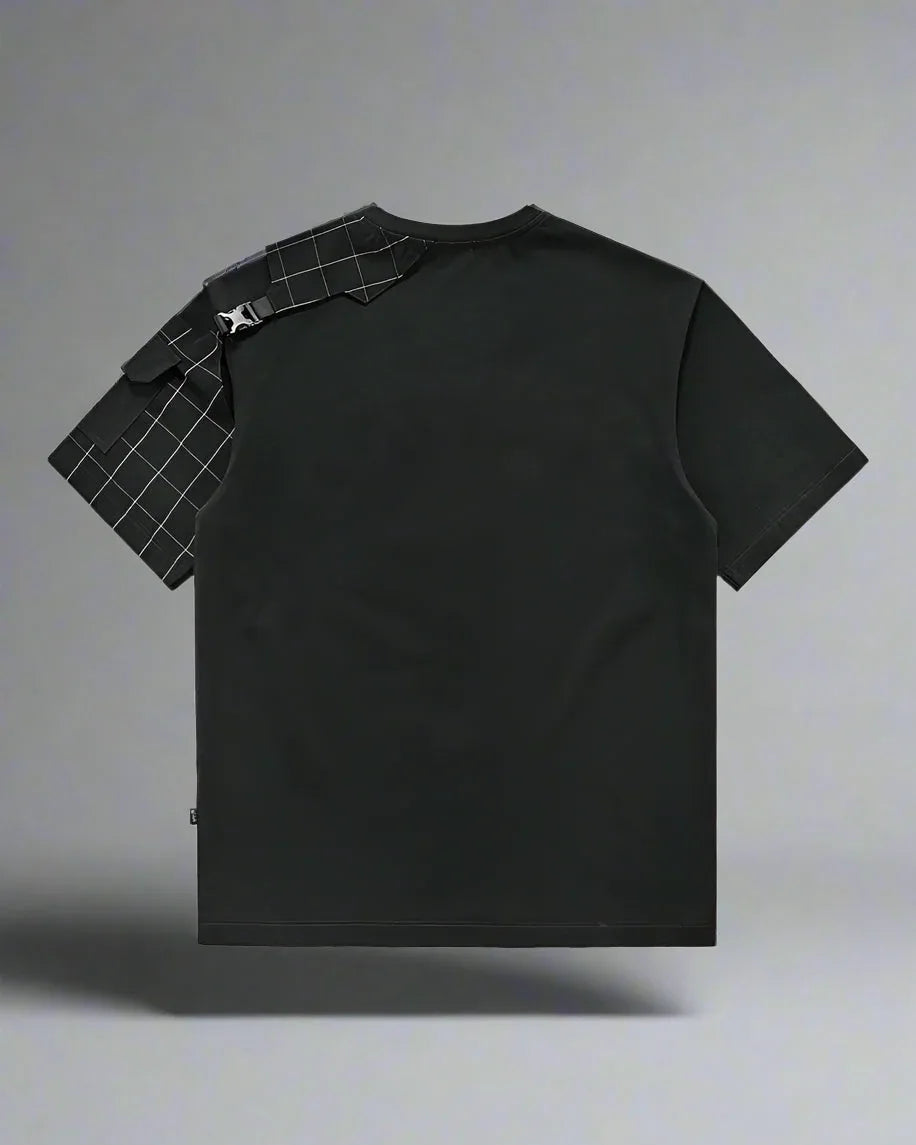 Dynamic Plaid Techwear T-Shirt - stylish outdoor shirt - Stylish Plaid Techwear T-Shirt with Adjustability