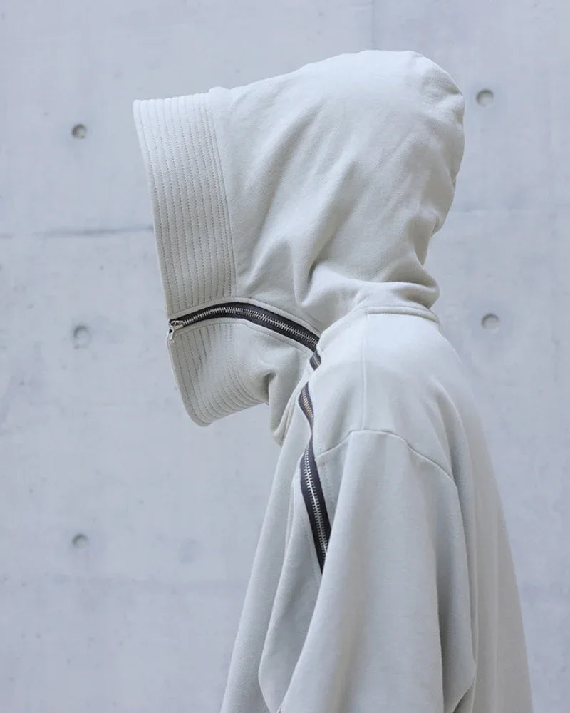 Edgy Asymmetrical Zip Hoodie -  asymmetrical hoodie - Stylish High-Neck Asymmetrical Zip Hoodie