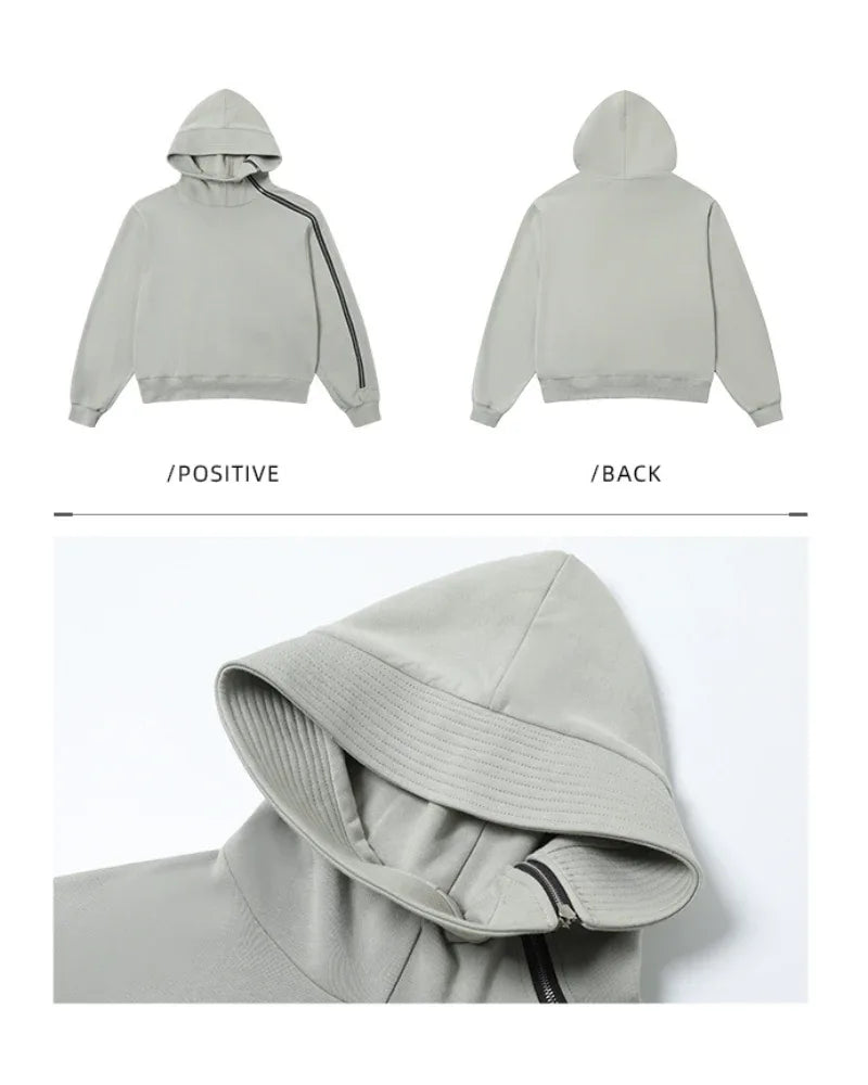 Edgy Asymmetrical Zip Hoodie -  cotton hoodie - Stylish High-Neck Asymmetrical Zip Hoodie