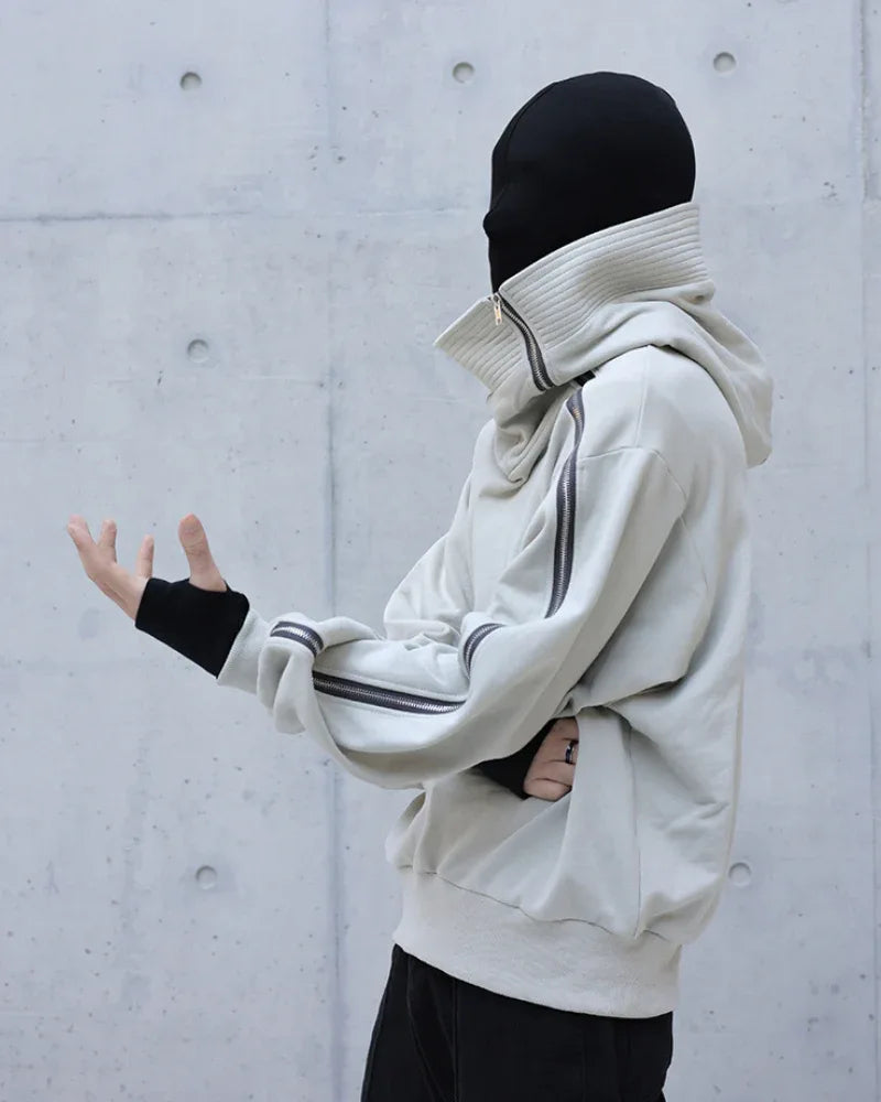Edgy Asymmetrical Zip Hoodie -  cotton zip hoodie - Stylish High-Neck Asymmetrical Zip Hoodie