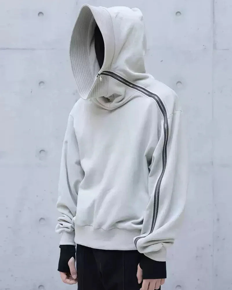Edgy Asymmetrical Zip Hoodie - high-neck zip-up hoodie - Stylish High-Neck Asymmetrical Zip Hoodie