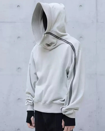 Edgy Asymmetrical Zip Hoodie - high-neck zip-up hoodie - Stylish High-Neck Asymmetrical Zip Hoodie