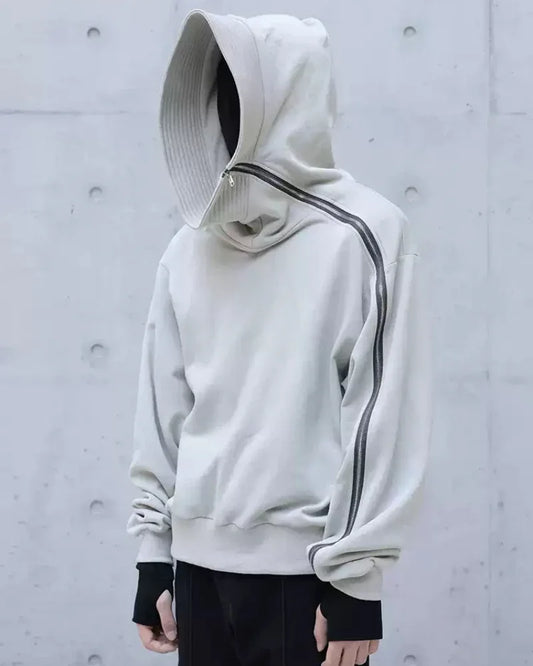 Edgy Asymmetrical Zip Hoodie - high-neck zip-up hoodie - Stylish High-Neck Asymmetrical Zip Hoodie