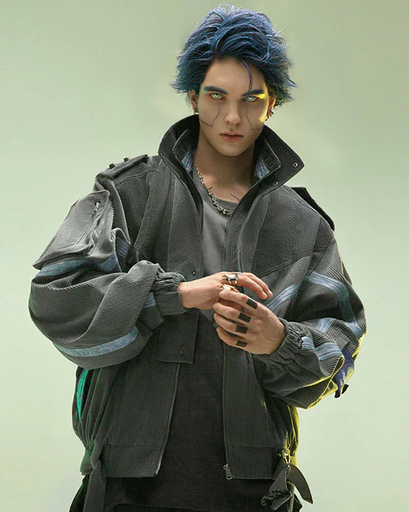 Edgy Corduroy Jacket for Rebels -  cyberpunk style - Edgy Dark Gray Corduroy Jacket for Urban Style