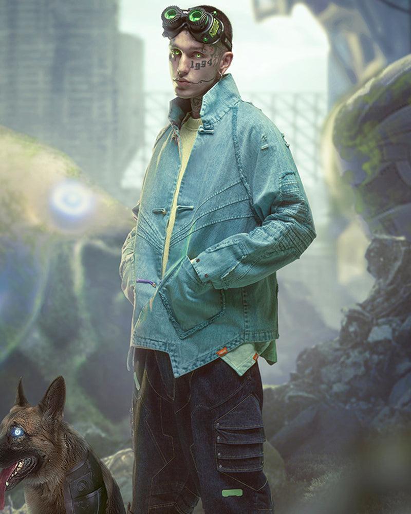 Edgy Cyberpunk Denim Jacket - cyberpunk - Cyberpunk Denim Jacket in Cyan Color