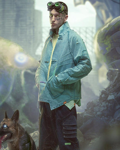 Edgy Cyberpunk Denim Jacket - cyberpunk - Cyberpunk Denim Jacket in Cyan Color