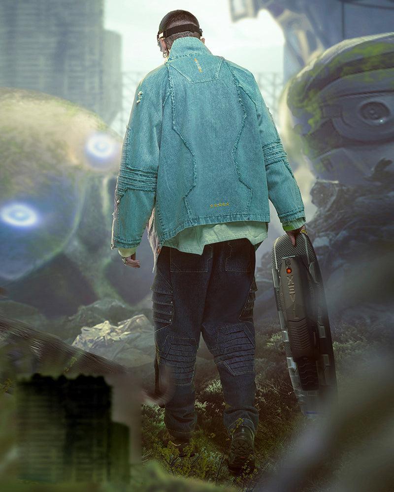Edgy Cyberpunk Denim Jacket -  denim jacket - Cyberpunk Denim Jacket in Cyan Color