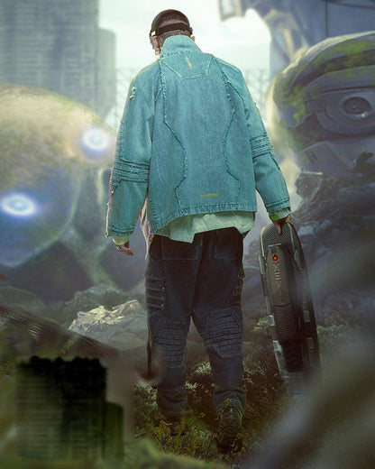 Edgy Cyberpunk Denim Jacket -  denim jacket - Cyberpunk Denim Jacket in Cyan Color