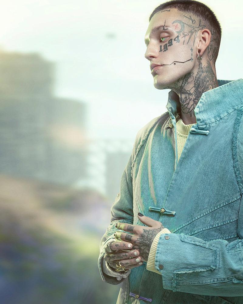 Edgy Cyberpunk Denim Jacket -  fashion - Cyberpunk Denim Jacket in Cyan Color