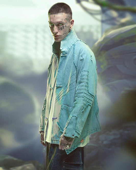 Edgy Cyberpunk Denim Jacket - futuristic jacket - Cyberpunk Denim Jacket in Cyan Color