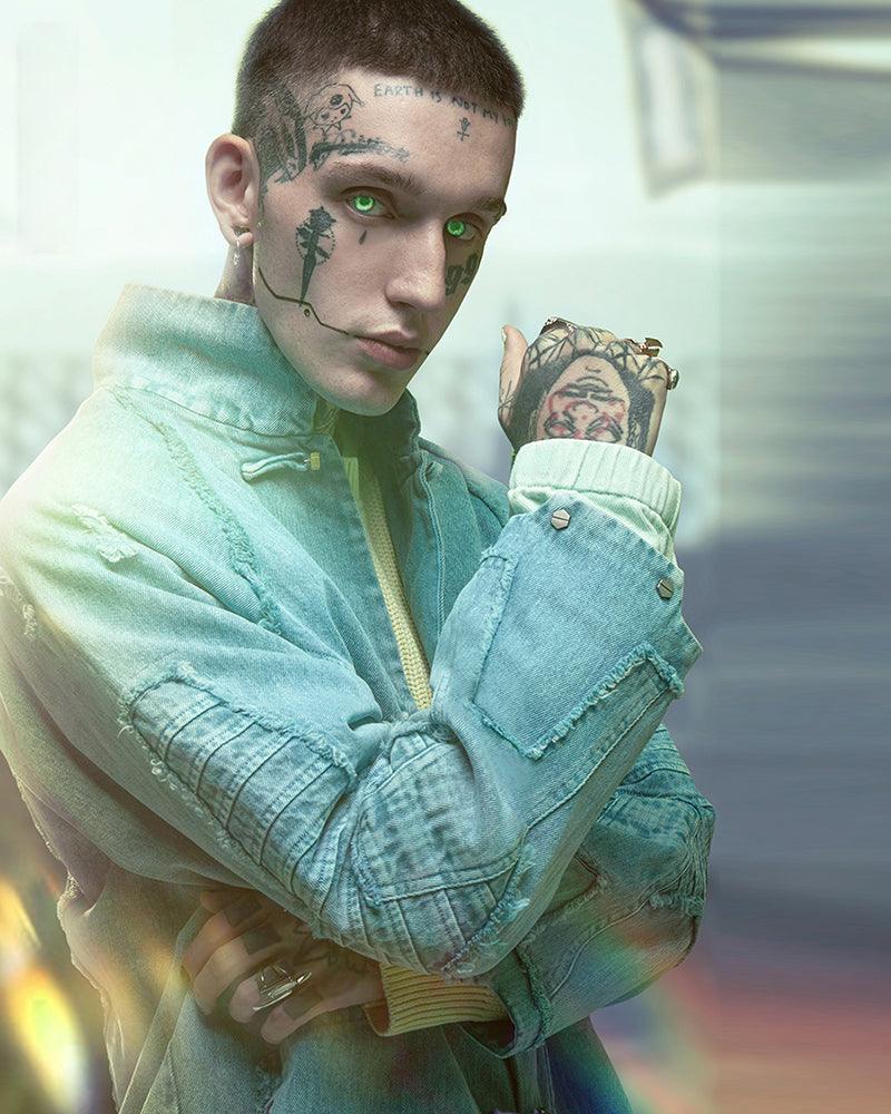 Edgy Cyberpunk Denim Jacket -  samurai - Cyberpunk Denim Jacket in Cyan Color