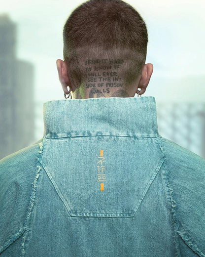 Edgy Cyberpunk Denim Jacket -  samurai inspired design - Cyberpunk Denim Jacket in Cyan Color