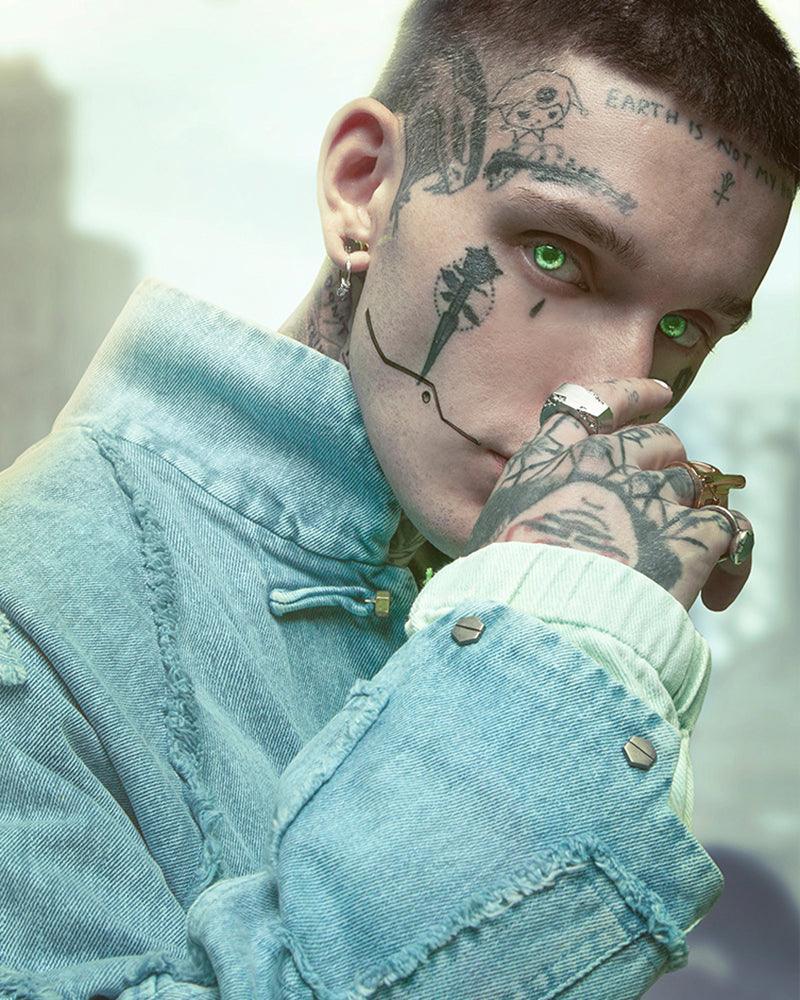 Edgy Cyberpunk Denim Jacket -  techwear - Cyberpunk Denim Jacket in Cyan Color