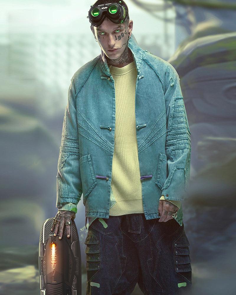 Edgy Cyberpunk Denim Jacket - techwear-core - Cyberpunk Denim Jacket in Cyan Color