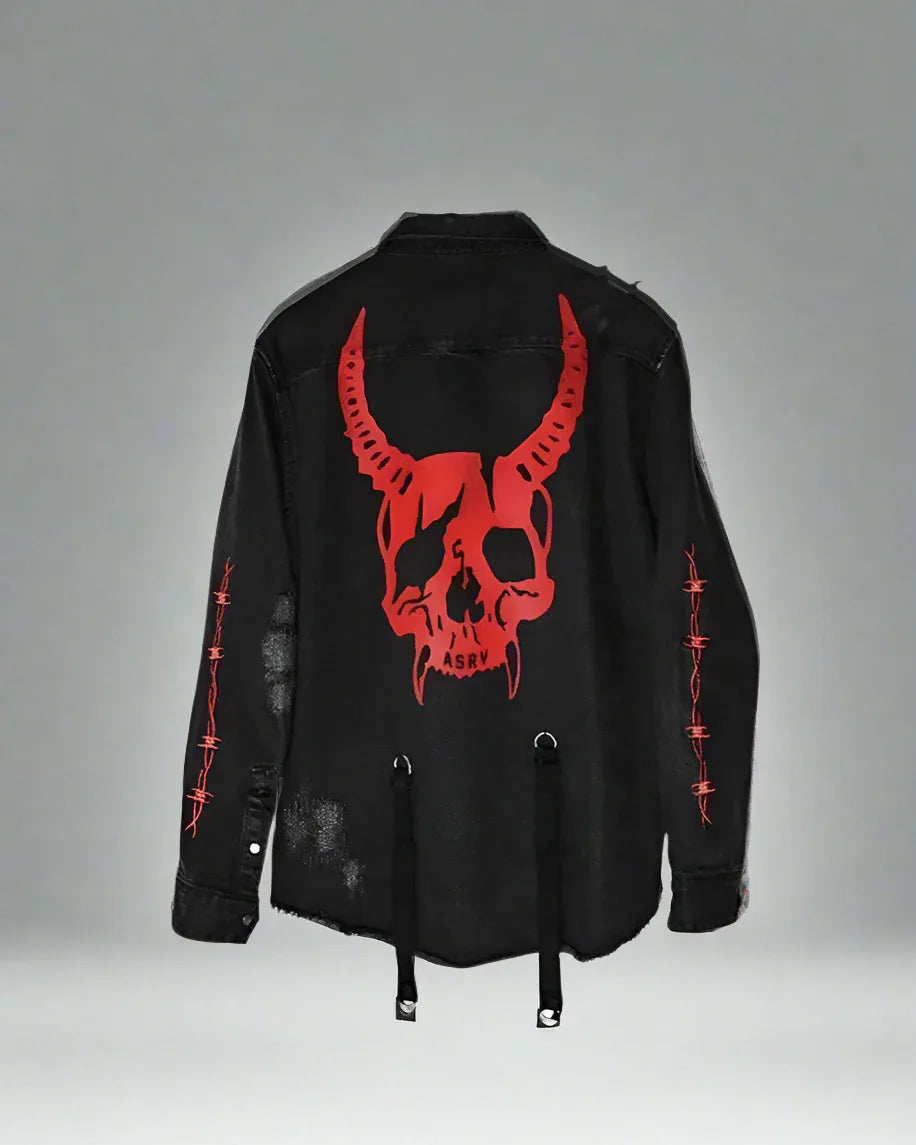 Edgy Horned Denim Jacket - denim jacket - Edgy Horned Denim Jacket for Unique Street Style